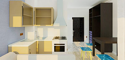 3D visualization and top-down floor plans of a small, efficiently designed studio apartment created with user-friendly home design software